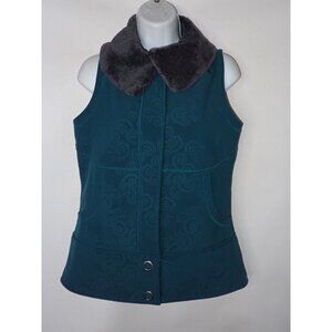 Woolrich Women‎ S Teal Green Lined Vest Faux Fur Collar Paisley Pattern Gorpcore